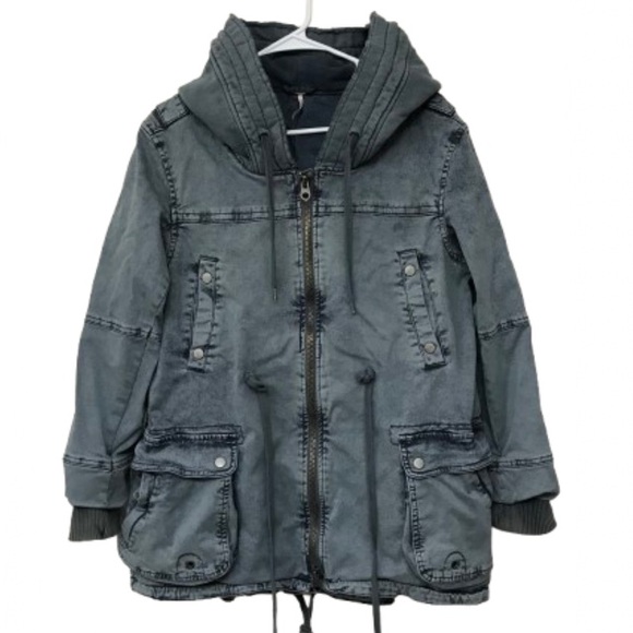 Free People Oversized Solid Knit Mixed Cargo Jacket Steel Blue Gray Rare HTF Y2K - Picture 3 of 14